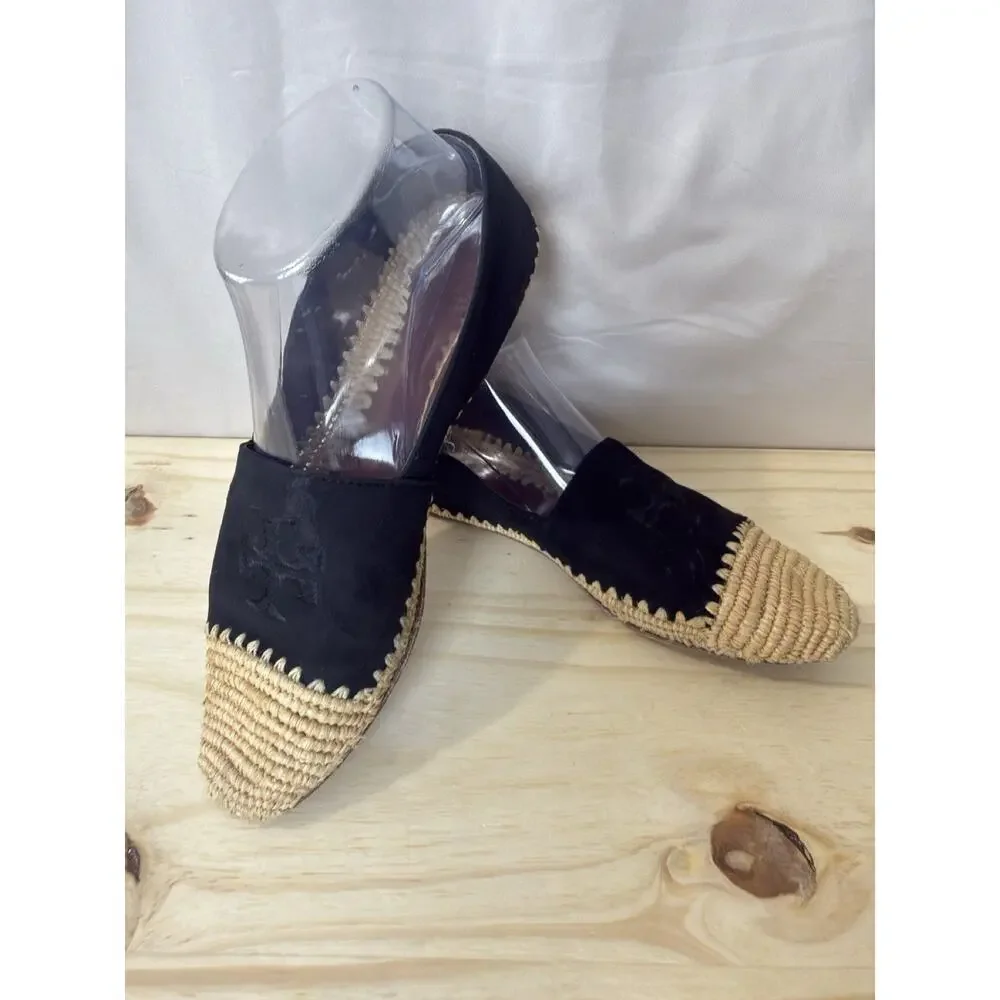 Tory Burch Arianne Espadrilles Black Suede Raffia Logo Flats Women's Size 8M